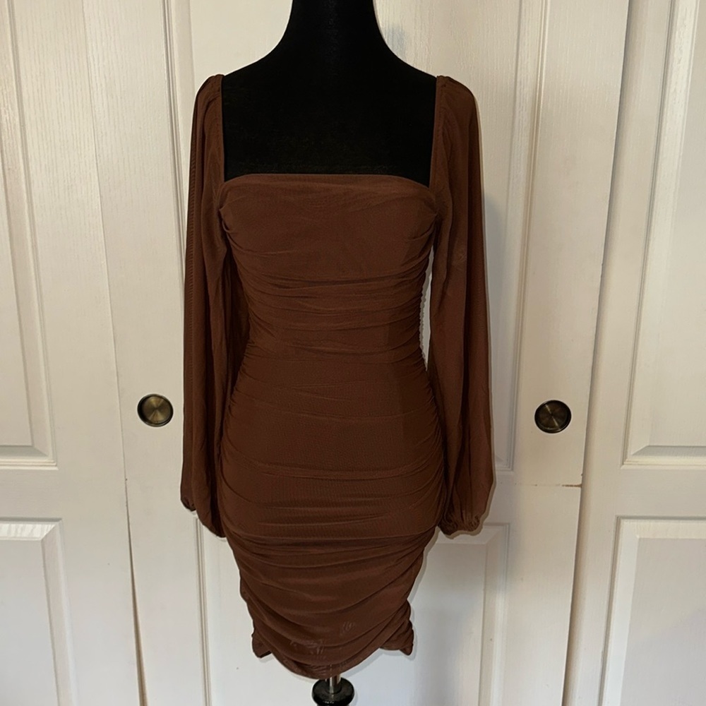 THATS SO FETCH CHOCOLATE BROWN BODYCON RUCHED SEXY DRESS
